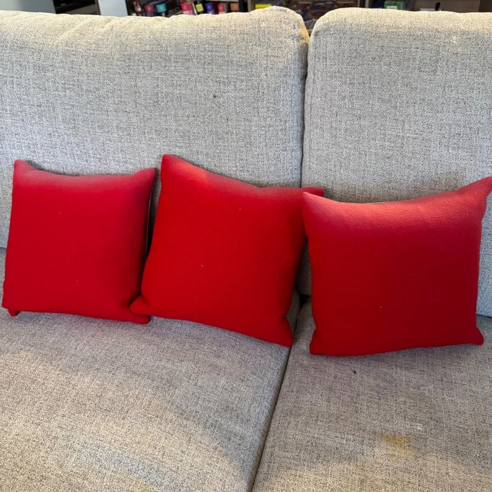 Crate & Barrel Snowday Red Wool Embroidered Snowman Throw Pillows Set of 3 12x12
